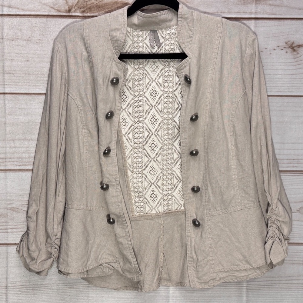 Vanity Linen Blend Military Lace Back Jacket Beige Tan Peplum Button Up Large